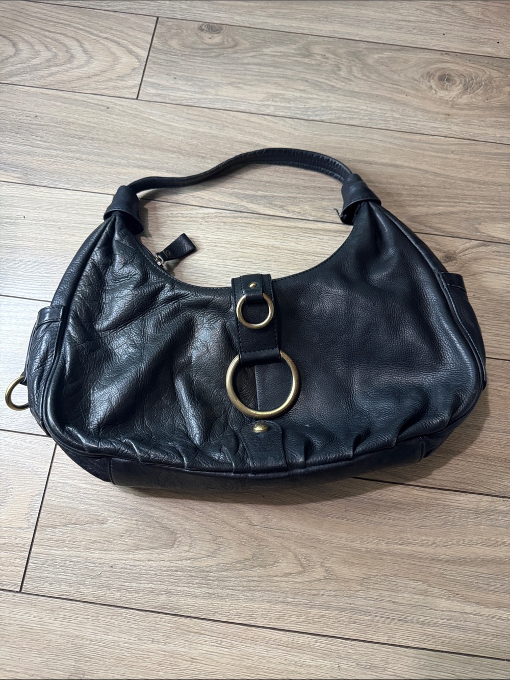 Michael Rome Black Leather Hobo Shoulder Bag with Brass Ring Accent